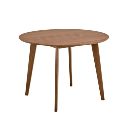 Round wooden table with four legs on a white background