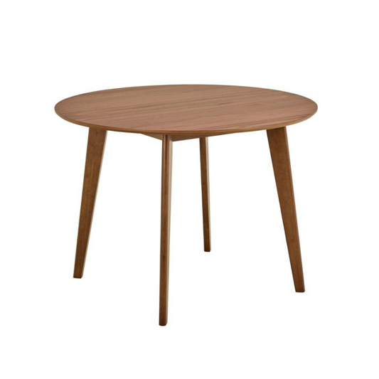 Round wooden table with four legs on a white background