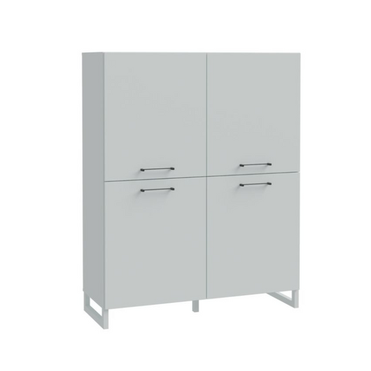 White cabinet with three doors and two drawers on a white background