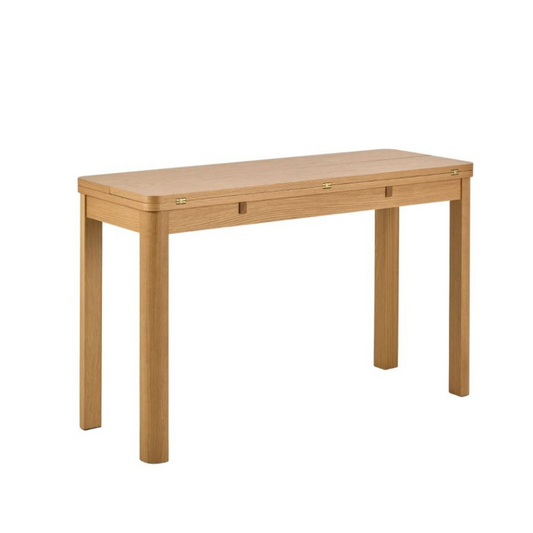 Wooden dining table with two drawers on a white background