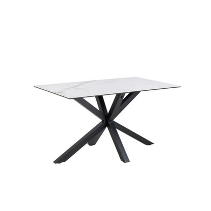 Rectangular table with a white top and black metal legs on a white background