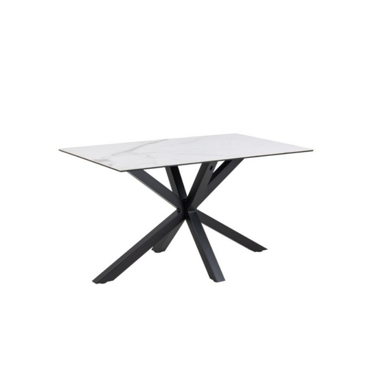 Rectangular table with a white top and black metal legs on a white background