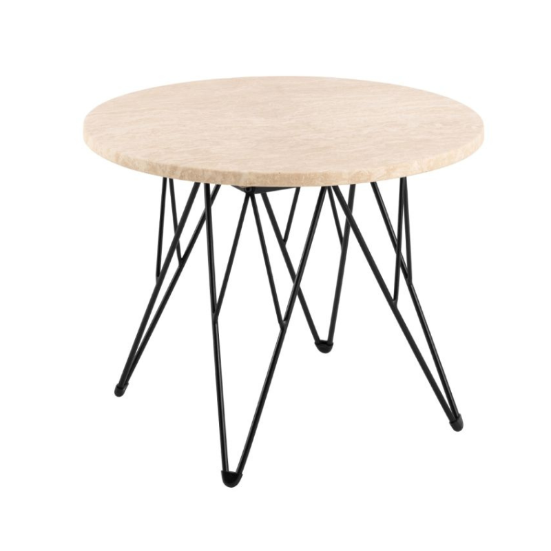 Round table with wooden top and black metal legs on a white background