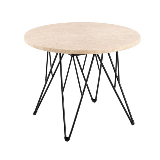 Round table with wooden top and black metal legs on a white background