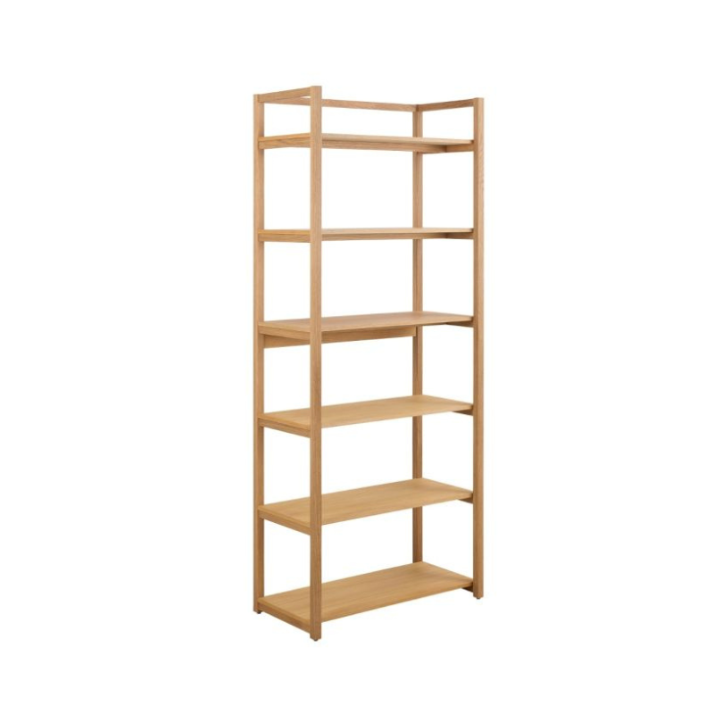 Wooden bookshelf with five shelves on a white background