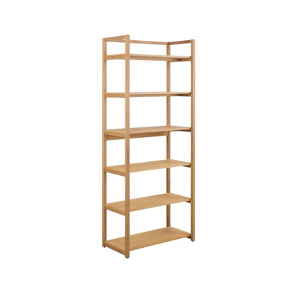 Wooden bookshelf with five shelves on a white background