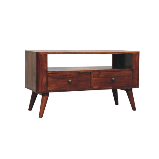 Wooden console table with two drawers on a white background
