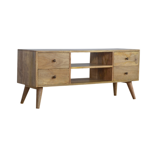Wooden TV stand with three drawers on a white background