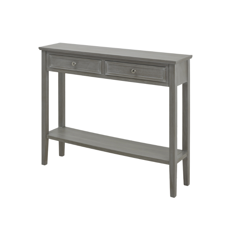 Gray console table with two drawers on a white background