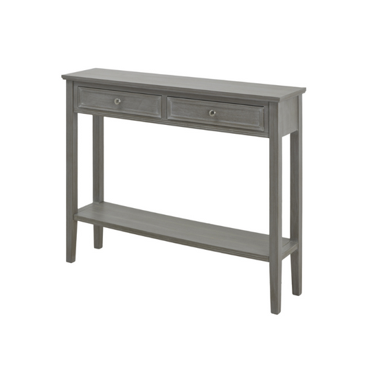 Gray console table with two drawers on a white background