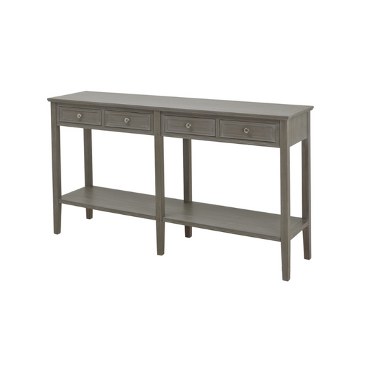 Gray console table with four drawers and an open shelf on a white background