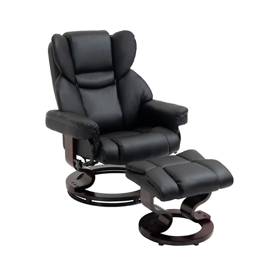 Black recliner chair with ottoman on a white background