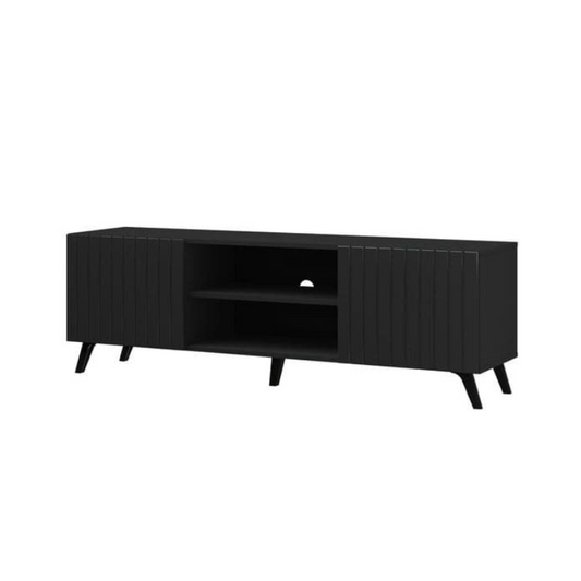 Black TV stand with wooden texture on a white background