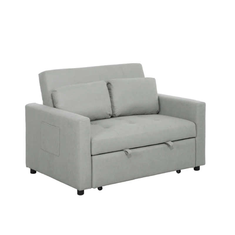 Gray sofa bed with storage compartment on a white background