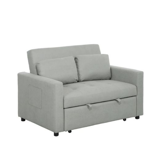 Gray sofa bed with storage compartment on a white background