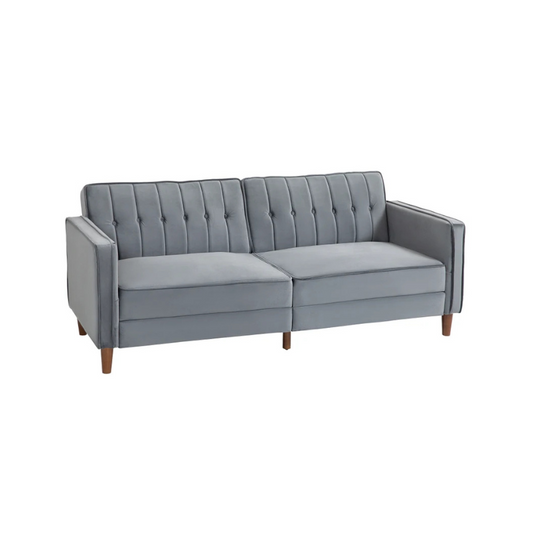Gray sofa with buttoned backrest on a white background