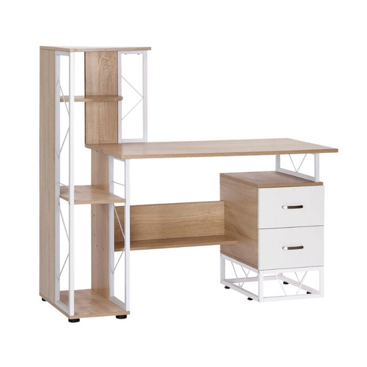Wooden desk with white metal frame on a white background