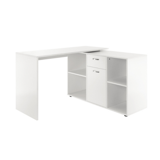 White L-shaped desk with shelves and drawers on a white background