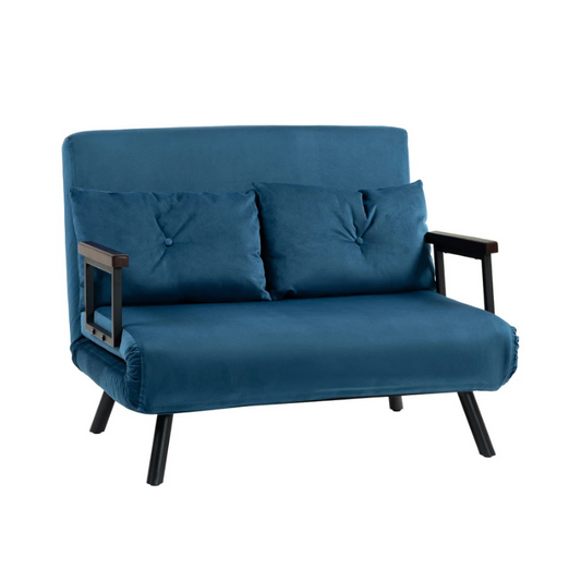 Blue futon sofa with black legs on a white background
