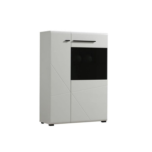 White cabinet with a black glass panel on a white background