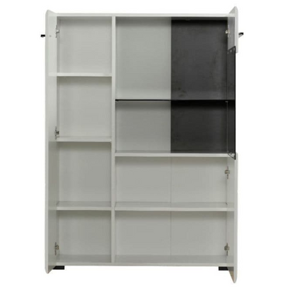 White bookshelf with open doors on a white background
