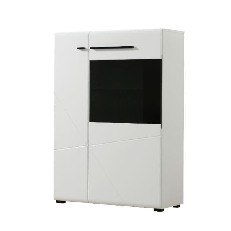 White cabinet with a black glass panel on a white background