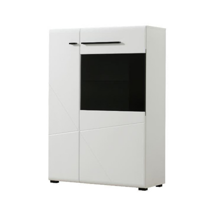 White cabinet with a black glass panel on a white background