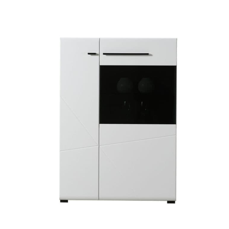 White kitchen cabinet with black glass panel on a white background