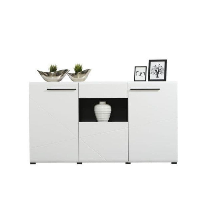 White sideboard with decorative items on a white background