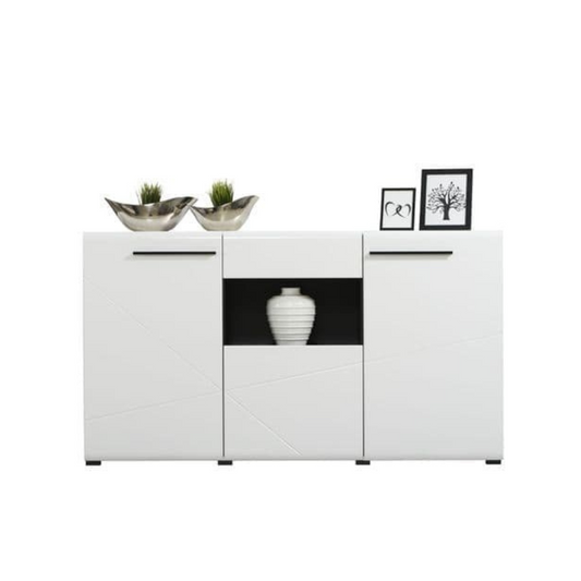 White sideboard with decorative items on a white background