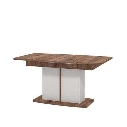 Wooden dining table with white base on a white background
