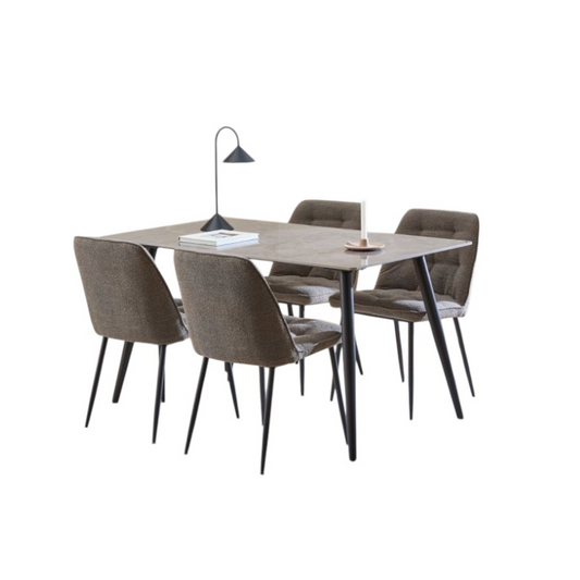 Dining table set with four chairs on a white background