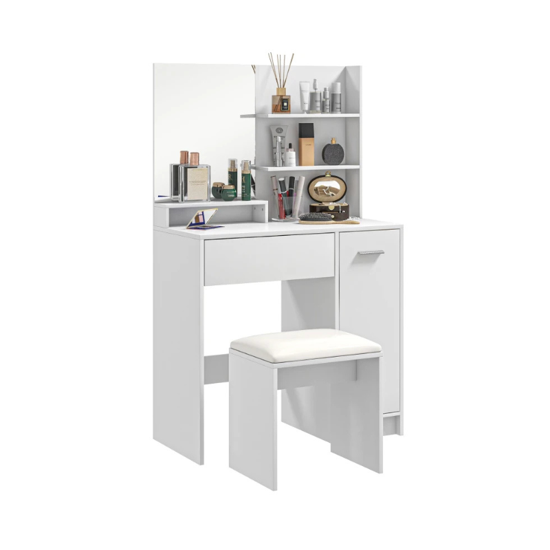 White vanity desk with mirror and stool on a white background