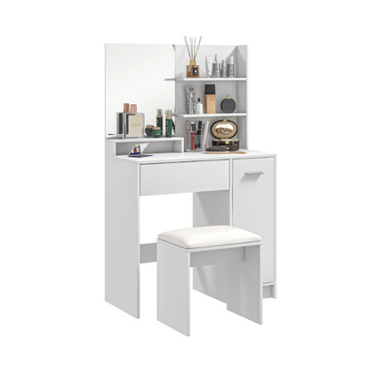 White vanity desk with mirror and stool on a white background