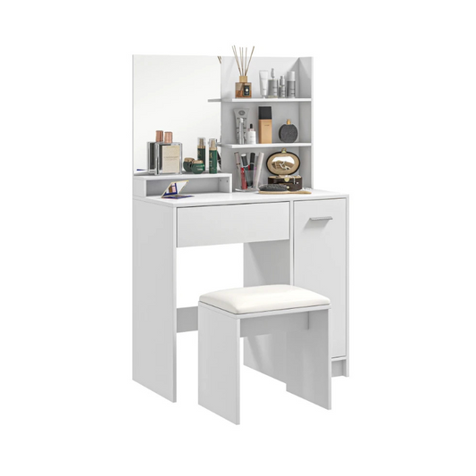 White vanity desk with mirror and stool on a white background