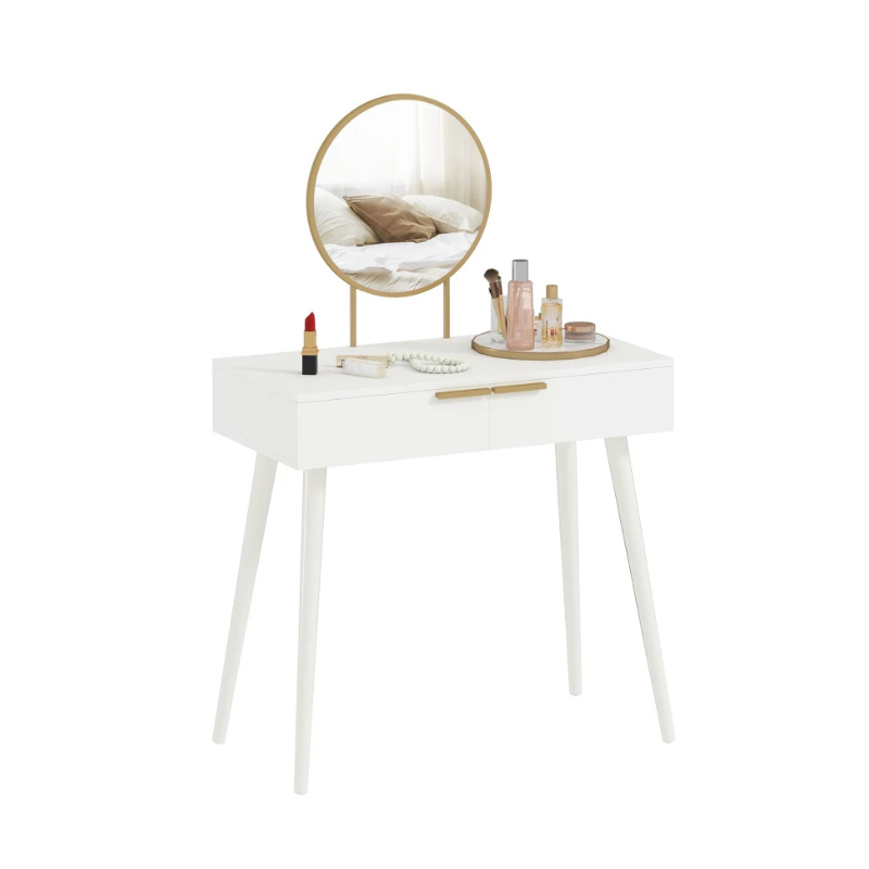 White vanity table with round mirror and cosmetic items on a white background