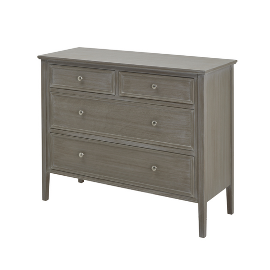 Gray dresser with multiple drawers on a white background