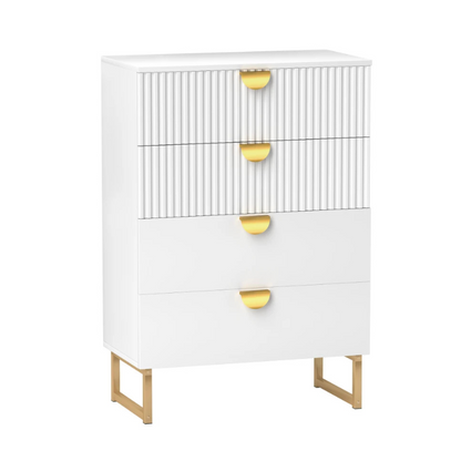 White dresser with gold accents on a white background