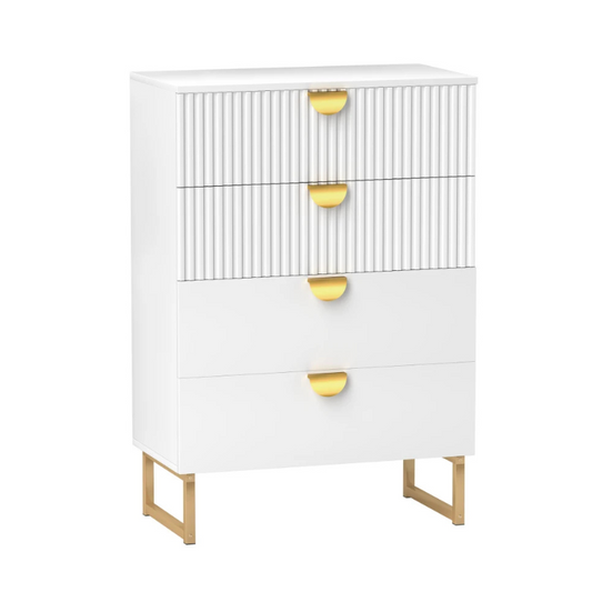 White dresser with gold accents on a white background