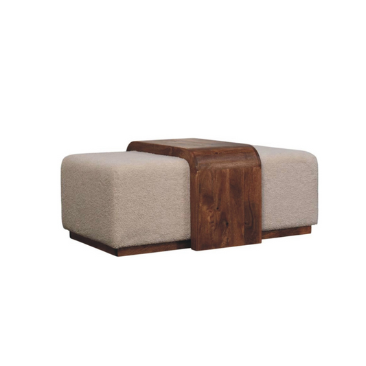 Two cube-shaped ottomans, one with a wooden surface and the other with a fabric surface, on a white background.
