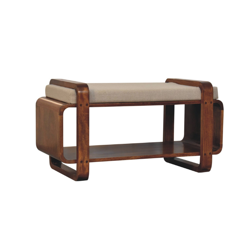 Wooden bench with beige cushion on a white background