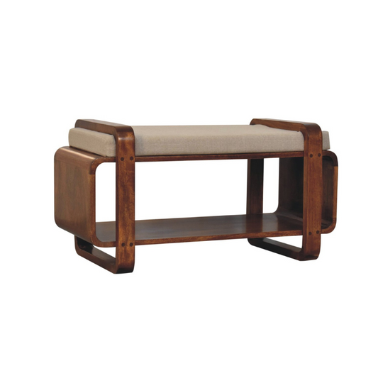 Wooden bench with beige cushion on a white background