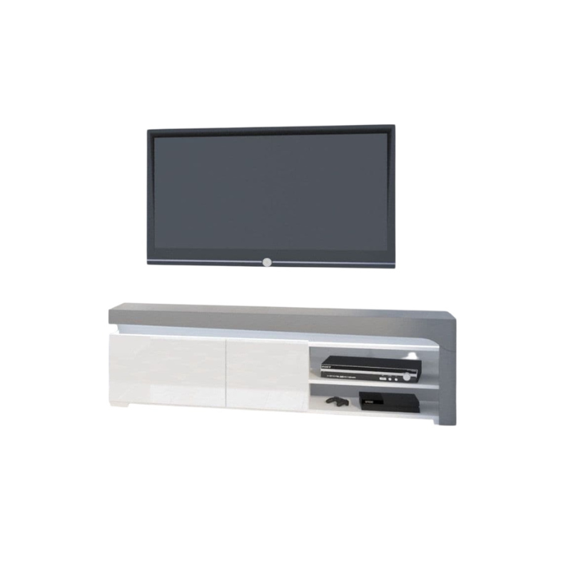 TV mounted on a white wall with a TV stand below