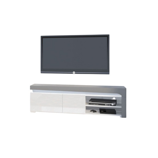 TV mounted on a white wall with a TV stand below
