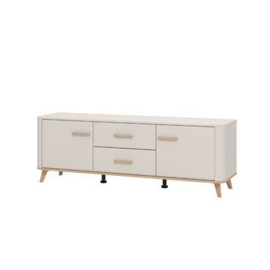 White sideboard with four drawers on a white background