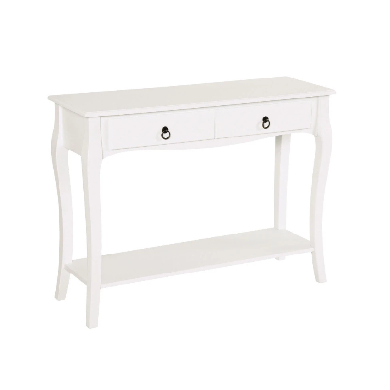 White console table with two drawers on a white background