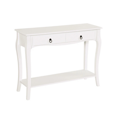 White console table with two drawers on a white background