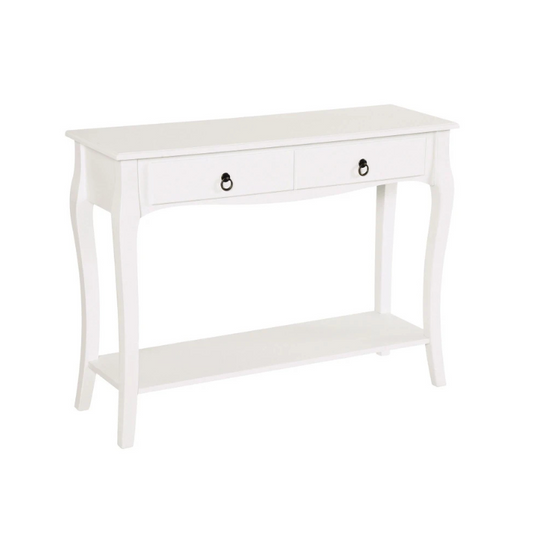 White console table with two drawers on a white background