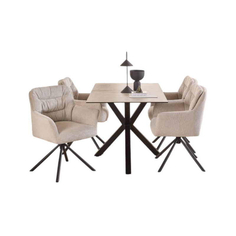 Dining table with four chairs on a white background