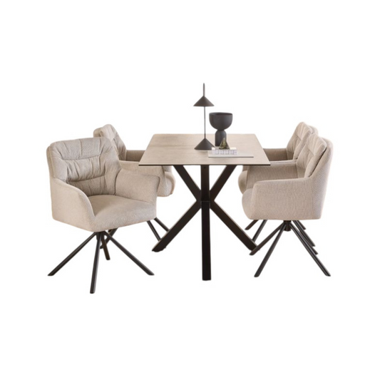 Dining table with four chairs on a white background